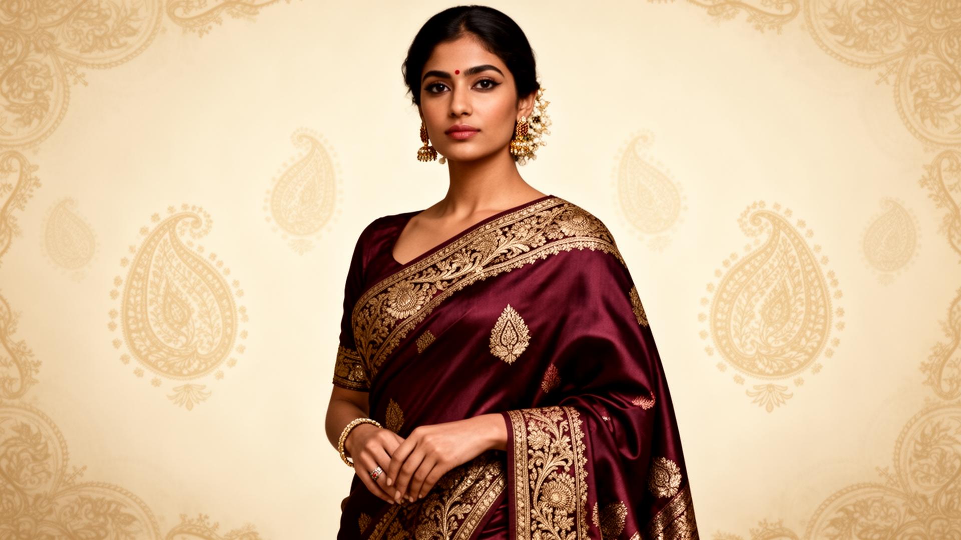 Woman in maroon Banarasi silk saree